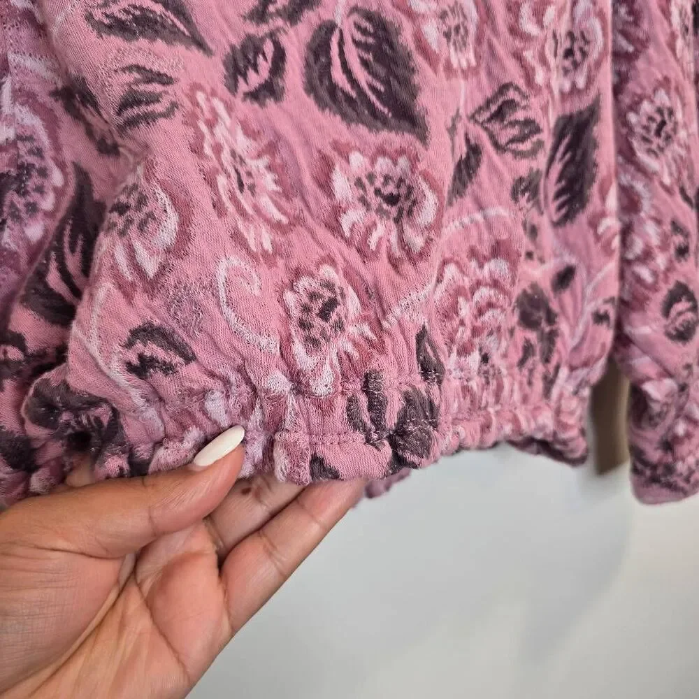 Free People Top Women's Small Pink Floral Puff Sleeve 100% Cotton Cropped Sweate